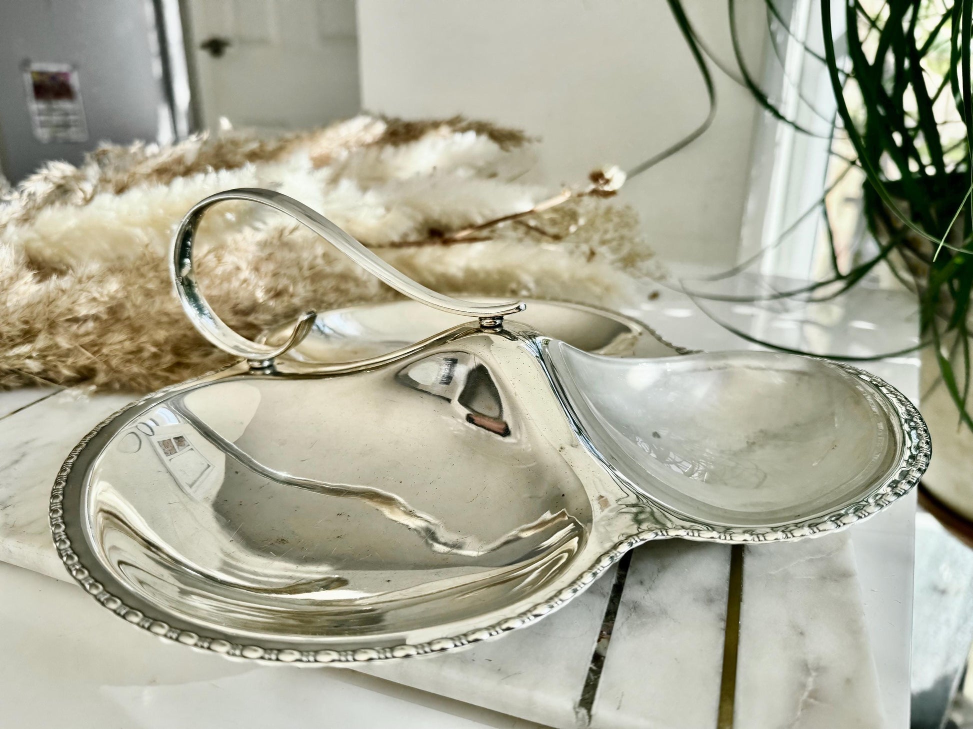 Vintage Silver Plated Hors d’Oeuvres Server with Handle – Made in England by WS&S, English EPNS Silver Plated Three-Part Serving Dish
