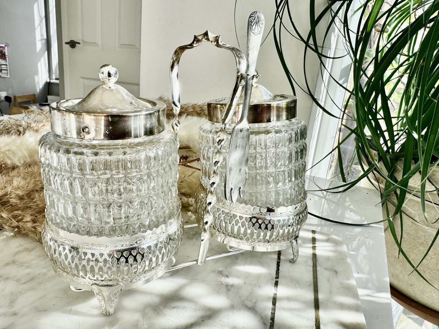 Vintage Silver-Plated and Cut Glass Preserve Jar Duo with Original Fork – Queen Anne England