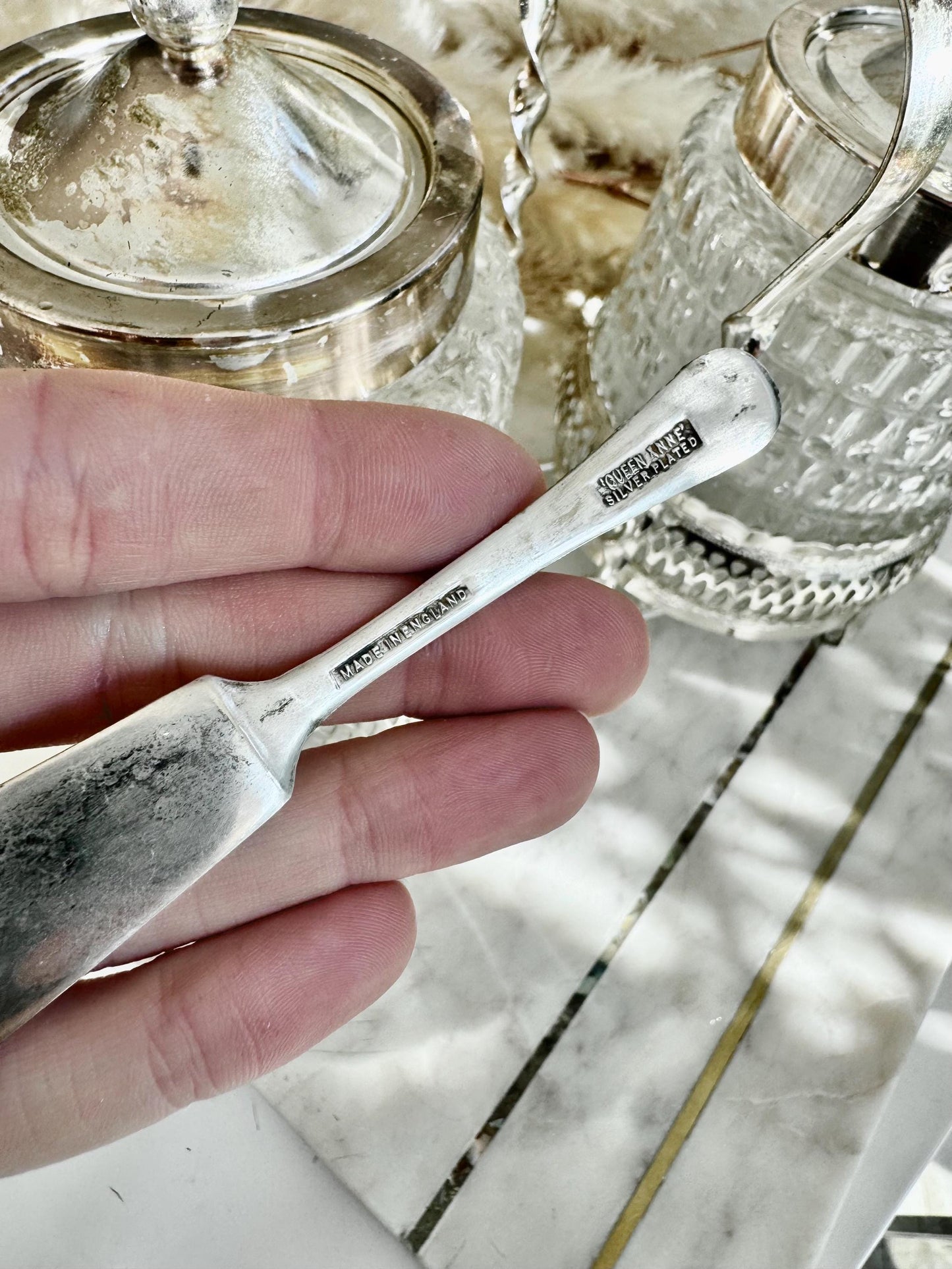 Vintage Silver-Plated and Cut Glass Preserve Jar Duo with Original Fork – Queen Anne England