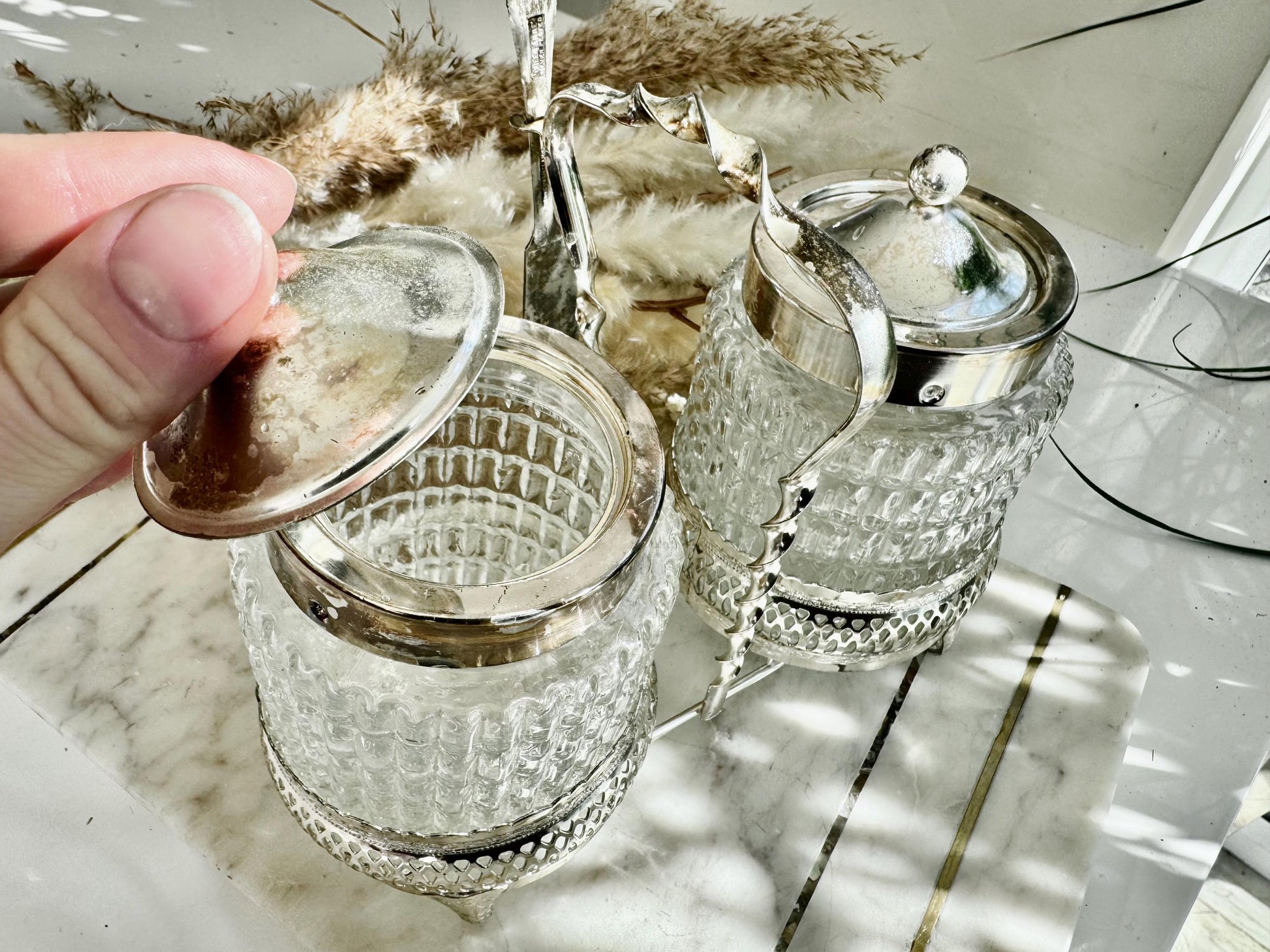 Vintage Silver-Plated and Cut Glass Preserve Jar Duo with Original Fork – Queen Anne England
