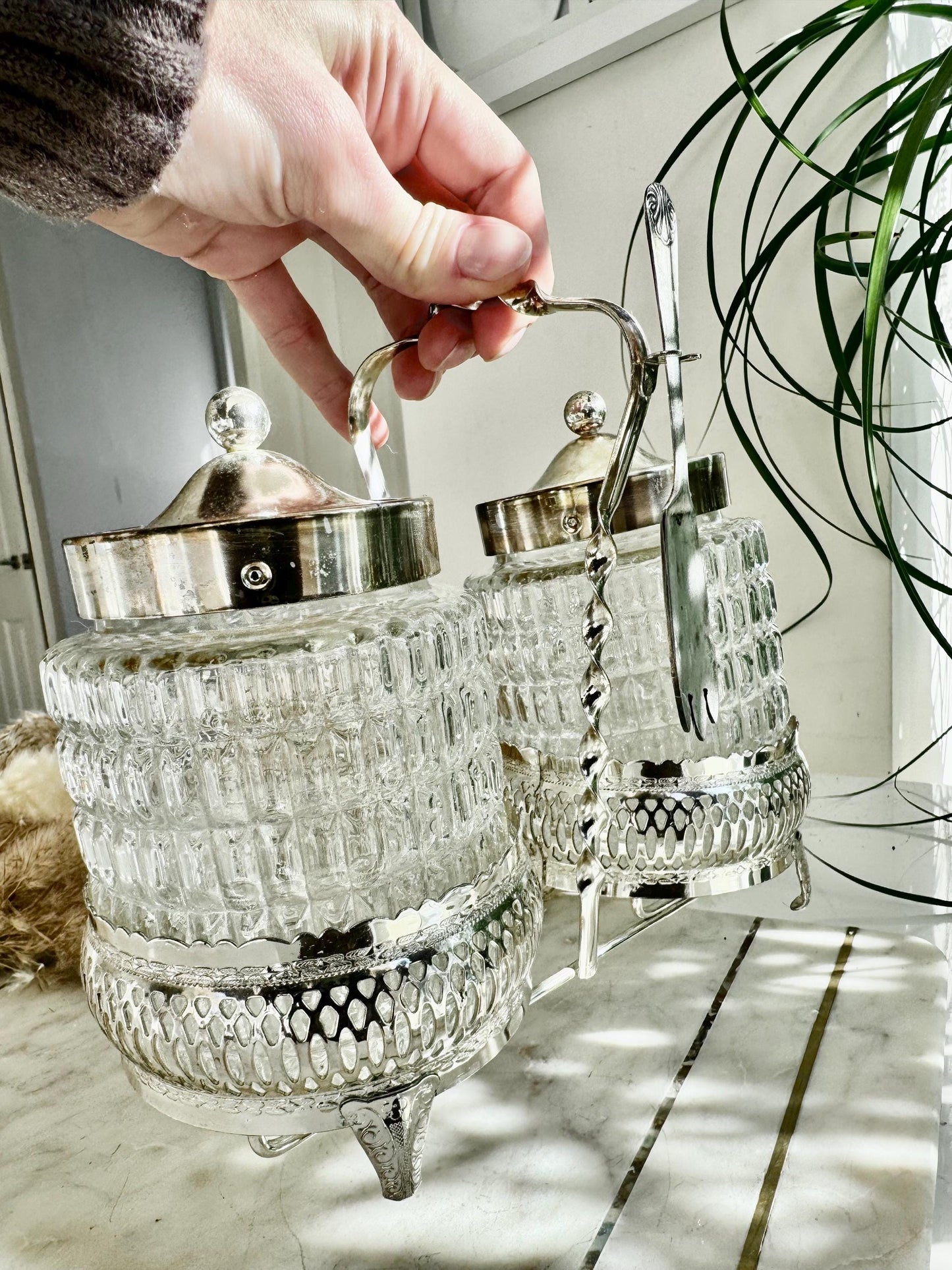 Vintage Silver-Plated and Cut Glass Preserve Jar Duo with Original Fork – Queen Anne England