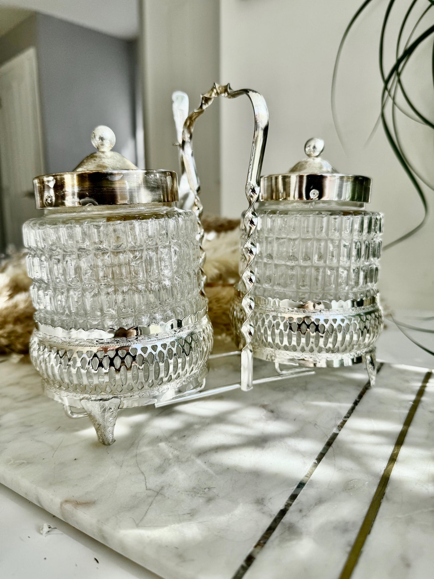 Vintage Silver-Plated and Cut Glass Preserve Jar Duo with Original Fork – Queen Anne England