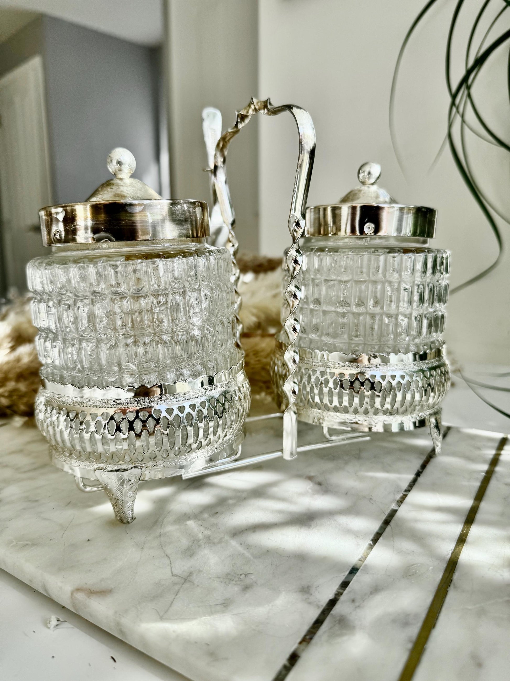 Vintage Silver-Plated and Cut Glass Preserve Jar Duo with Original Fork – Queen Anne England