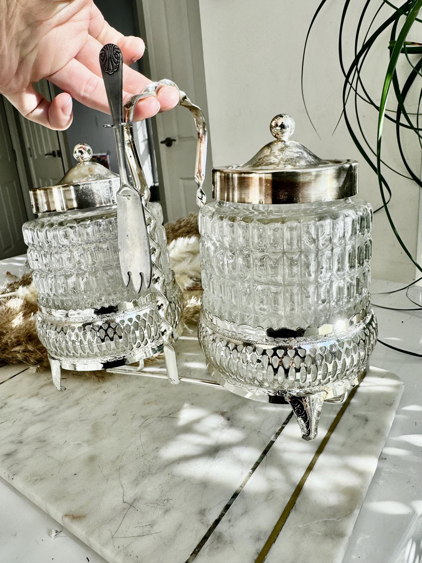 Vintage Silver-Plated and Cut Glass Preserve Jar Duo with Original Fork – Queen Anne England