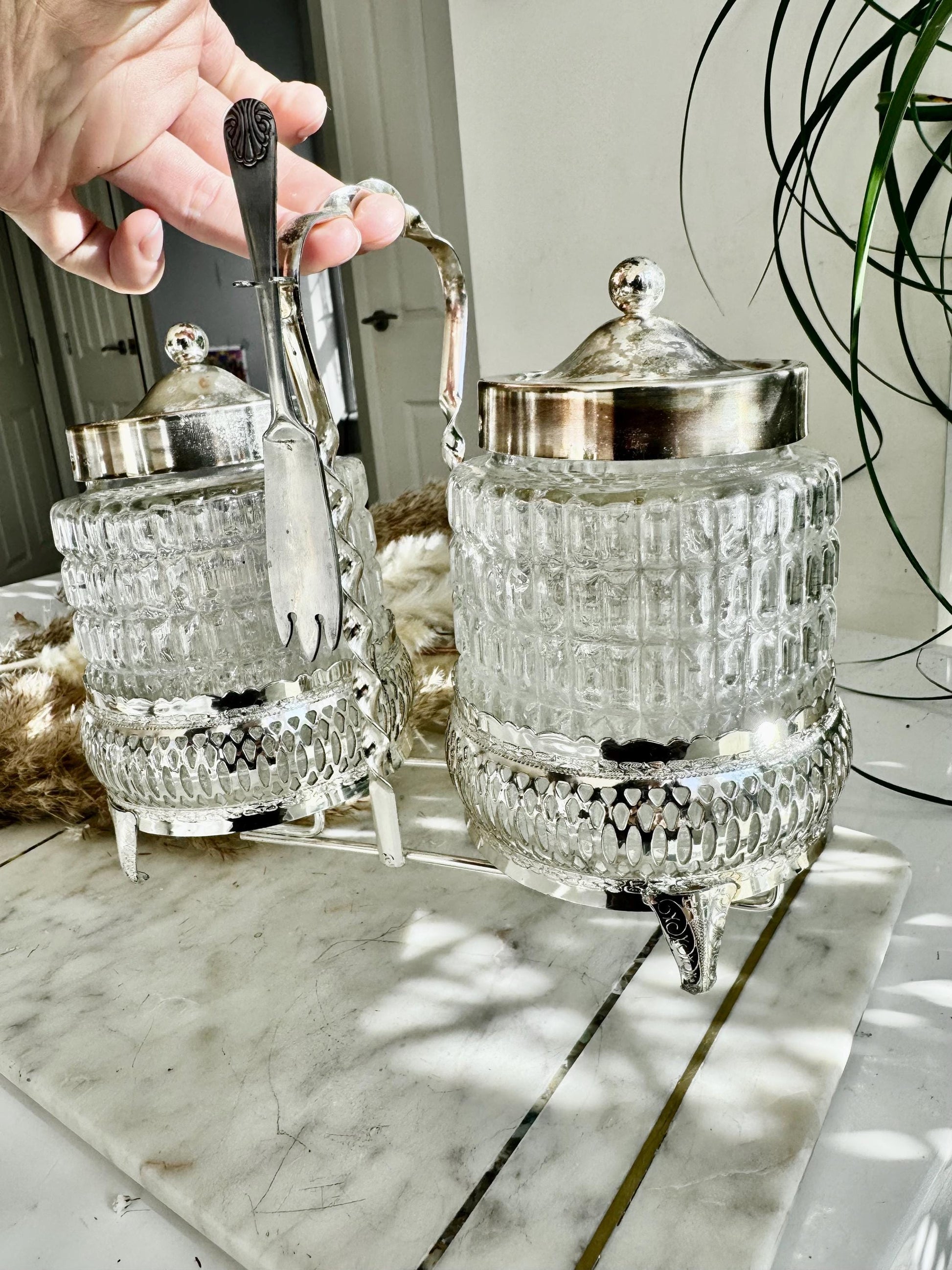 Vintage Silver-Plated and Cut Glass Preserve Jar Duo with Original Fork – Queen Anne England