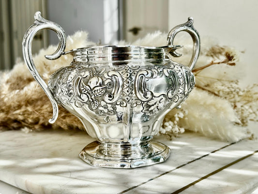 Victorian Ornate Twin-Handled Silver Sugar Bowl by James R. & Sons, Sheffield