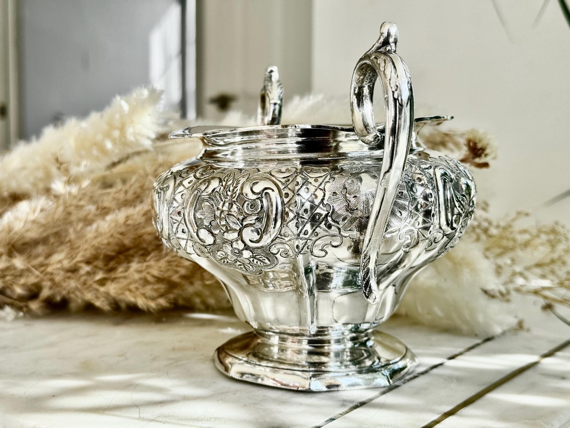 Victorian Ornate Twin-Handled Silver Sugar Bowl by James R. & Sons, Sheffield