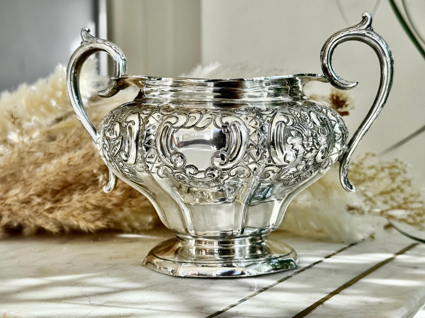 Victorian Ornate Twin-Handled Silver Sugar Bowl by James R. & Sons, Sheffield
