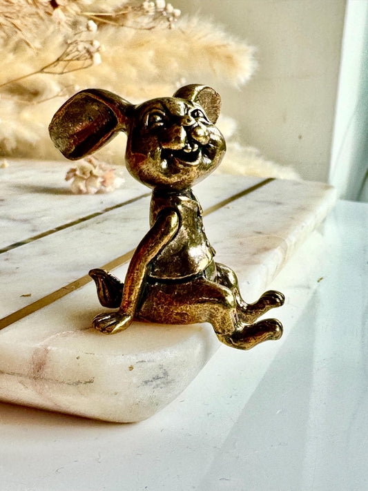 Solid Brass Bunny Figurine – Whimsical Rabbit Statue with Wide Smile and Floppy Ears – Playful Decor