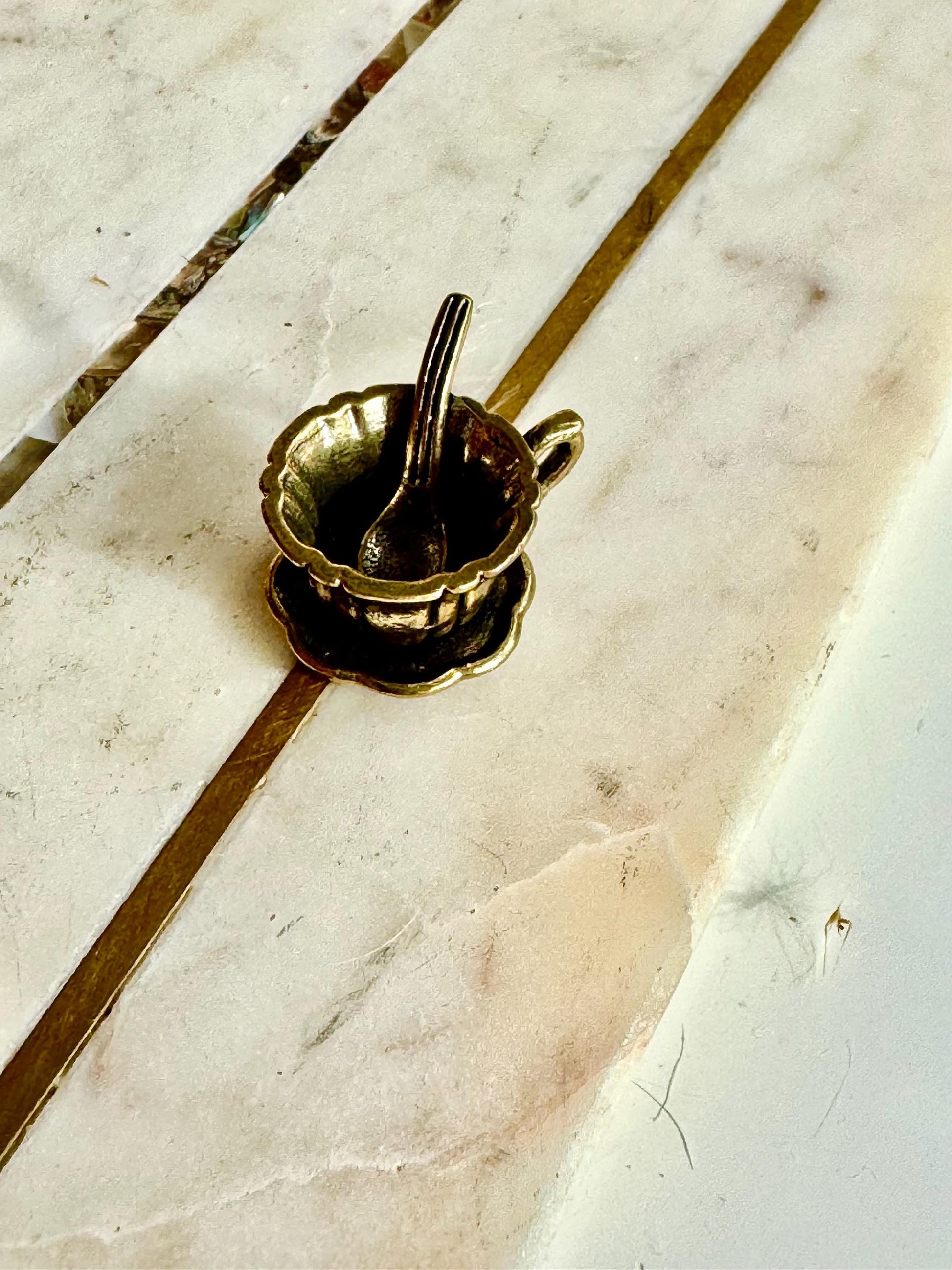 Miniature Brass Tea Cup with Saucer and Spoon