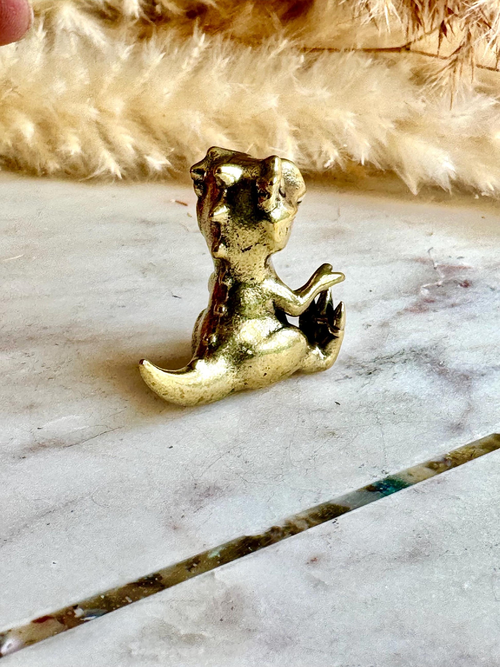 Solid Brass Baby Dinosaur Figurine – Miniature Prehistoric Animal Sculpture – Tiny Dino Totem – Brass Reptile