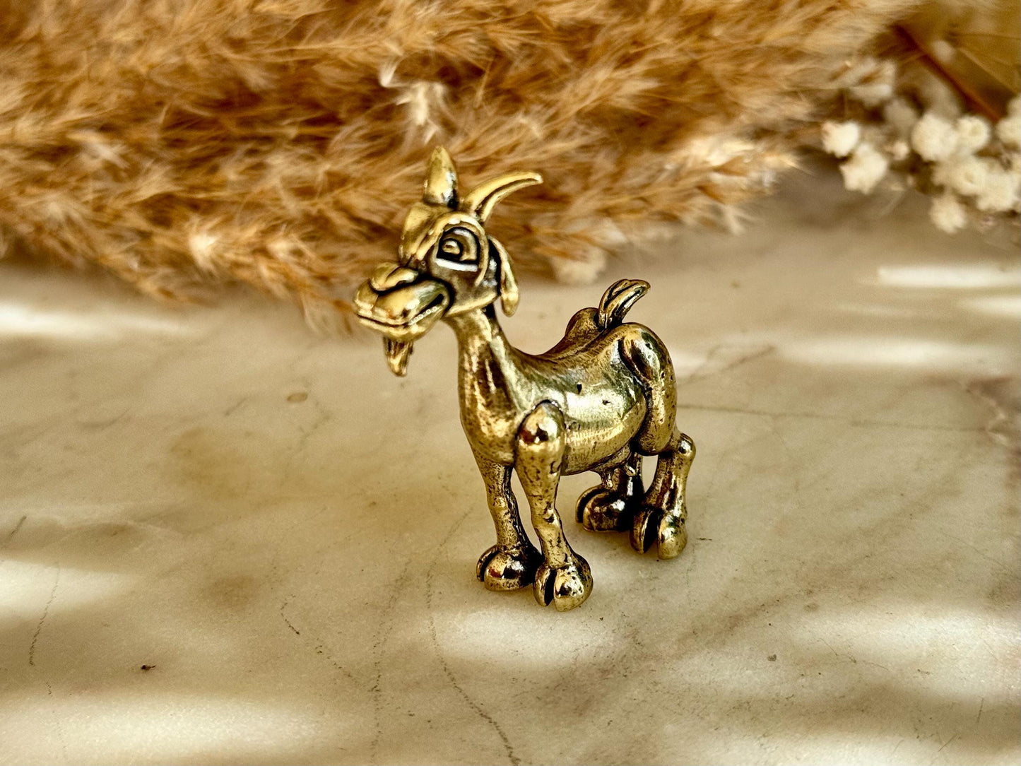 Solid Brass Happy Goat Figurine, Farm Animal Statue, Golden Animal Miniature, Goat Gifts, Metal Art Ornament, Desk Accessories