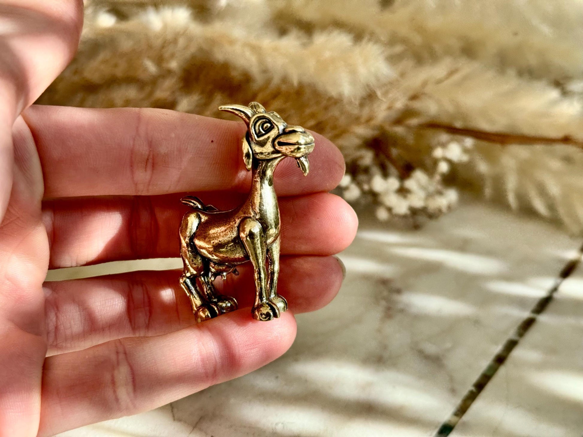 Solid Brass Happy Goat Figurine, Farm Animal Statue, Golden Animal Miniature, Goat Gifts, Metal Art Ornament, Desk Accessories