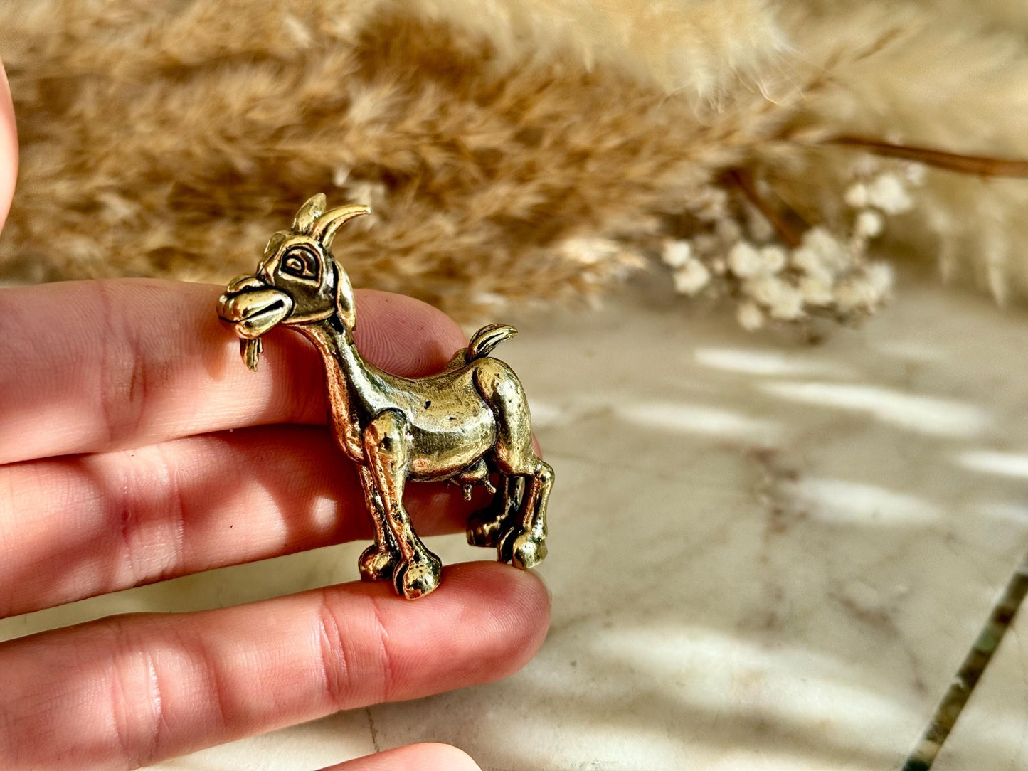 Solid Brass Happy Goat Figurine, Farm Animal Statue, Golden Animal Miniature, Goat Gifts, Metal Art Ornament, Desk Accessories