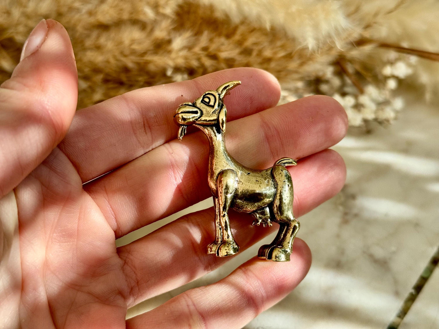 Solid Brass Happy Goat Figurine, Farm Animal Statue, Golden Animal Miniature, Goat Gifts, Metal Art Ornament, Desk Accessories