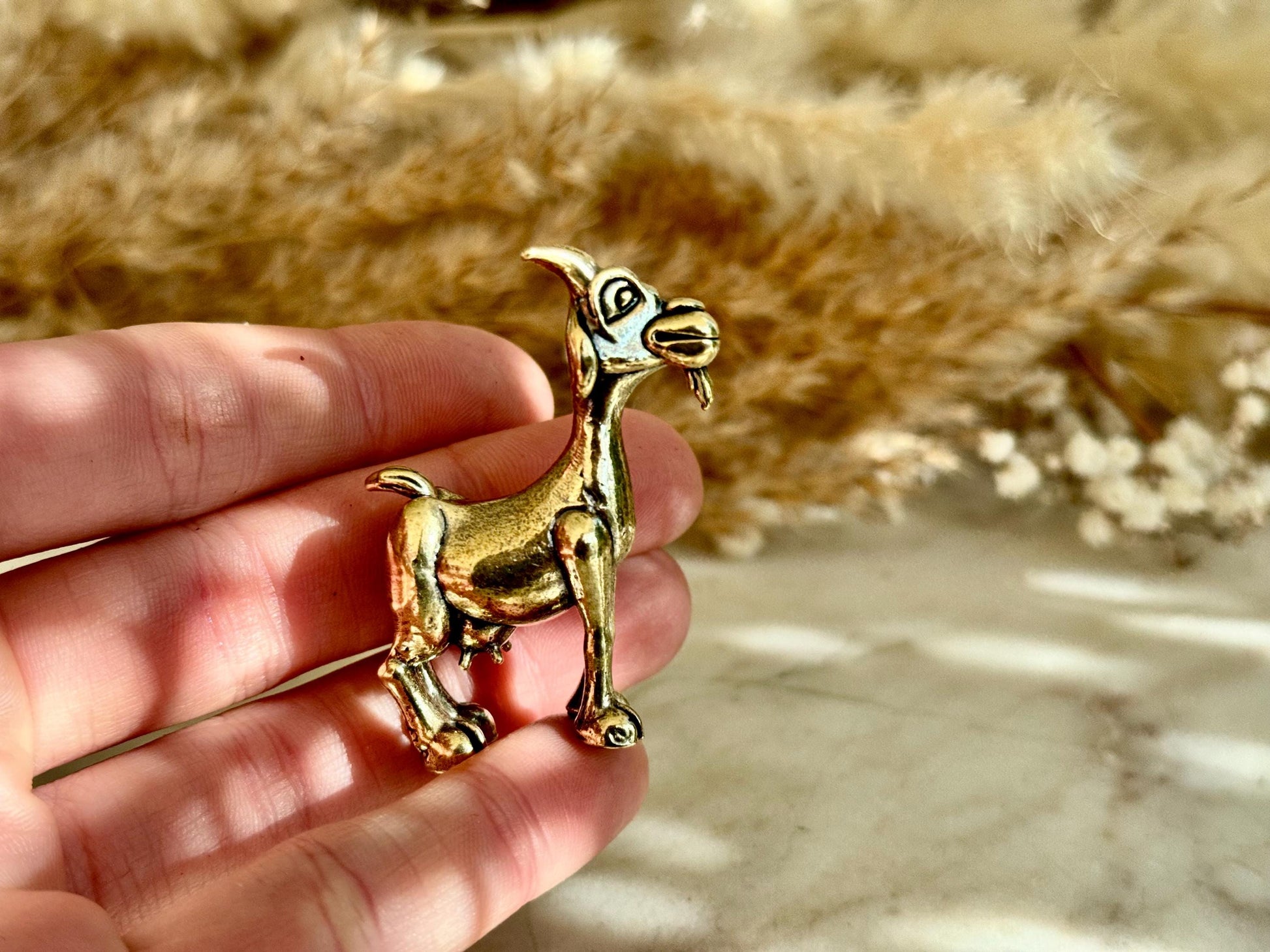 Solid Brass Happy Goat Figurine, Farm Animal Statue, Golden Animal Miniature, Goat Gifts, Metal Art Ornament, Desk Accessories