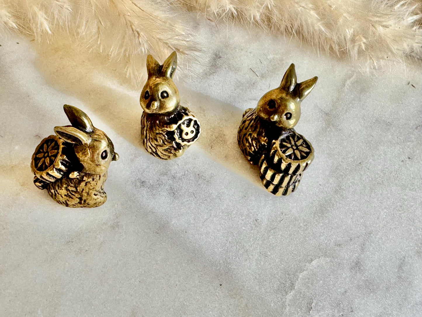 Set of 3 Brass Bunny Figurines with Biscuits – Whimsical Miniature Rabbit Statues – Decorative Home Ornament, cute gift
