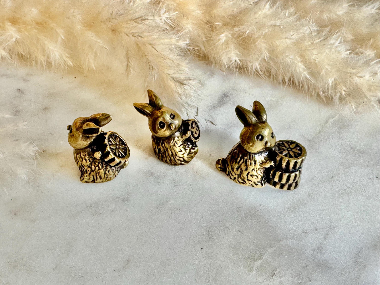 Set of 3 Brass Bunny Figurines with Biscuits – Whimsical Miniature Rabbit Statues – Decorative Home Ornament, cute gift