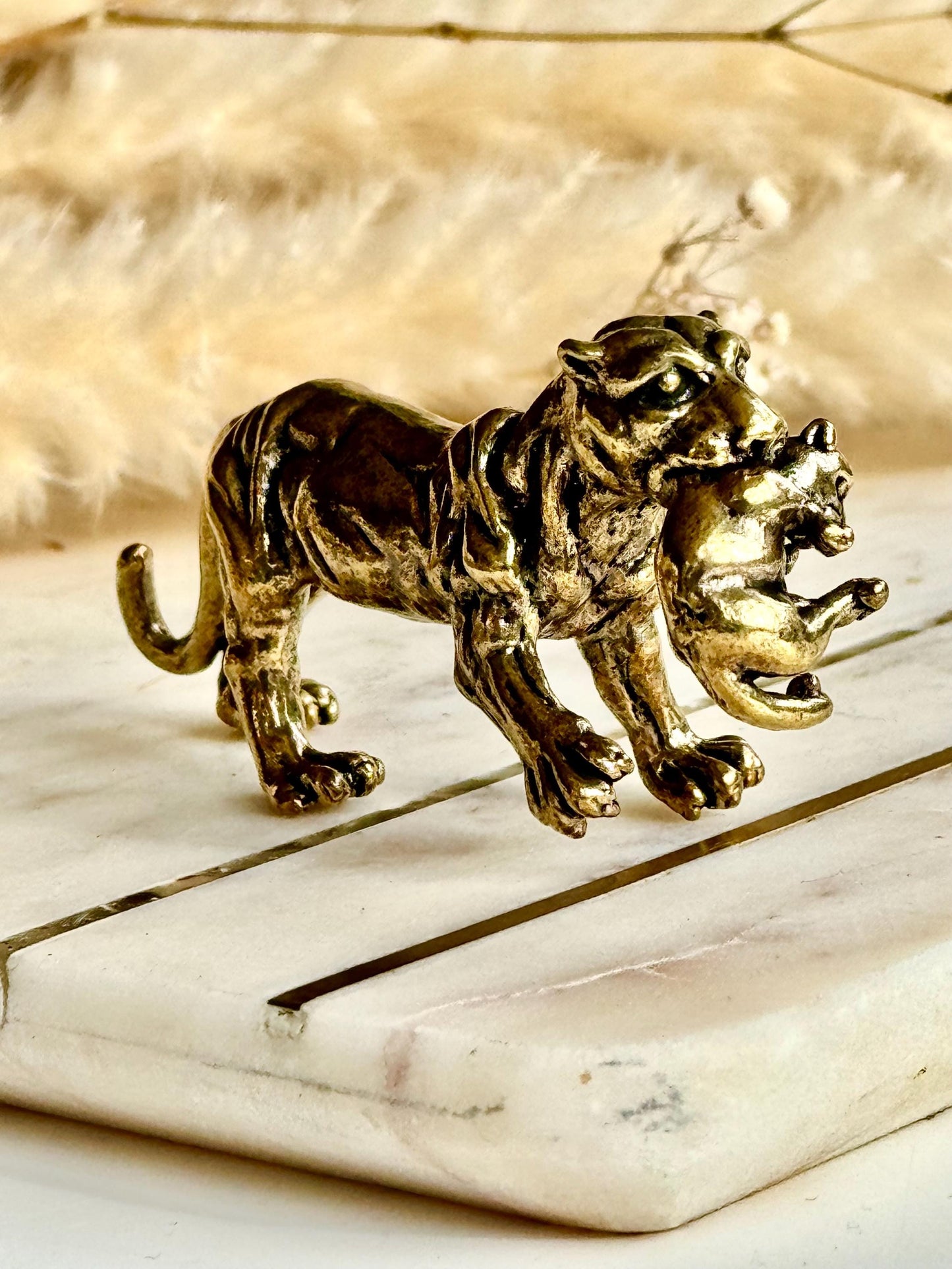 Solid Brass Panther Figurine Carrying a Cub Minimalist Jungle Cat Sculpture