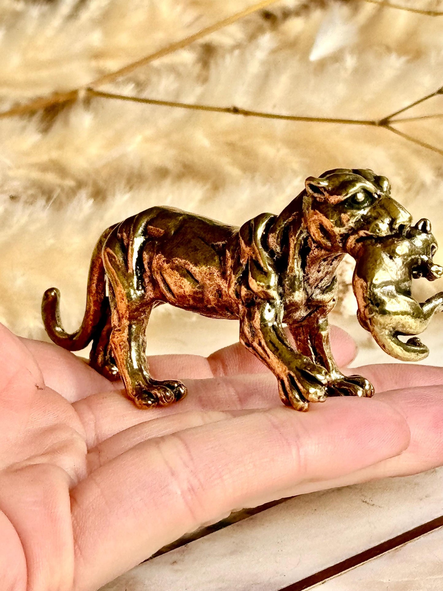 Solid Brass Panther Figurine Carrying a Cub Minimalist Jungle Cat Sculpture