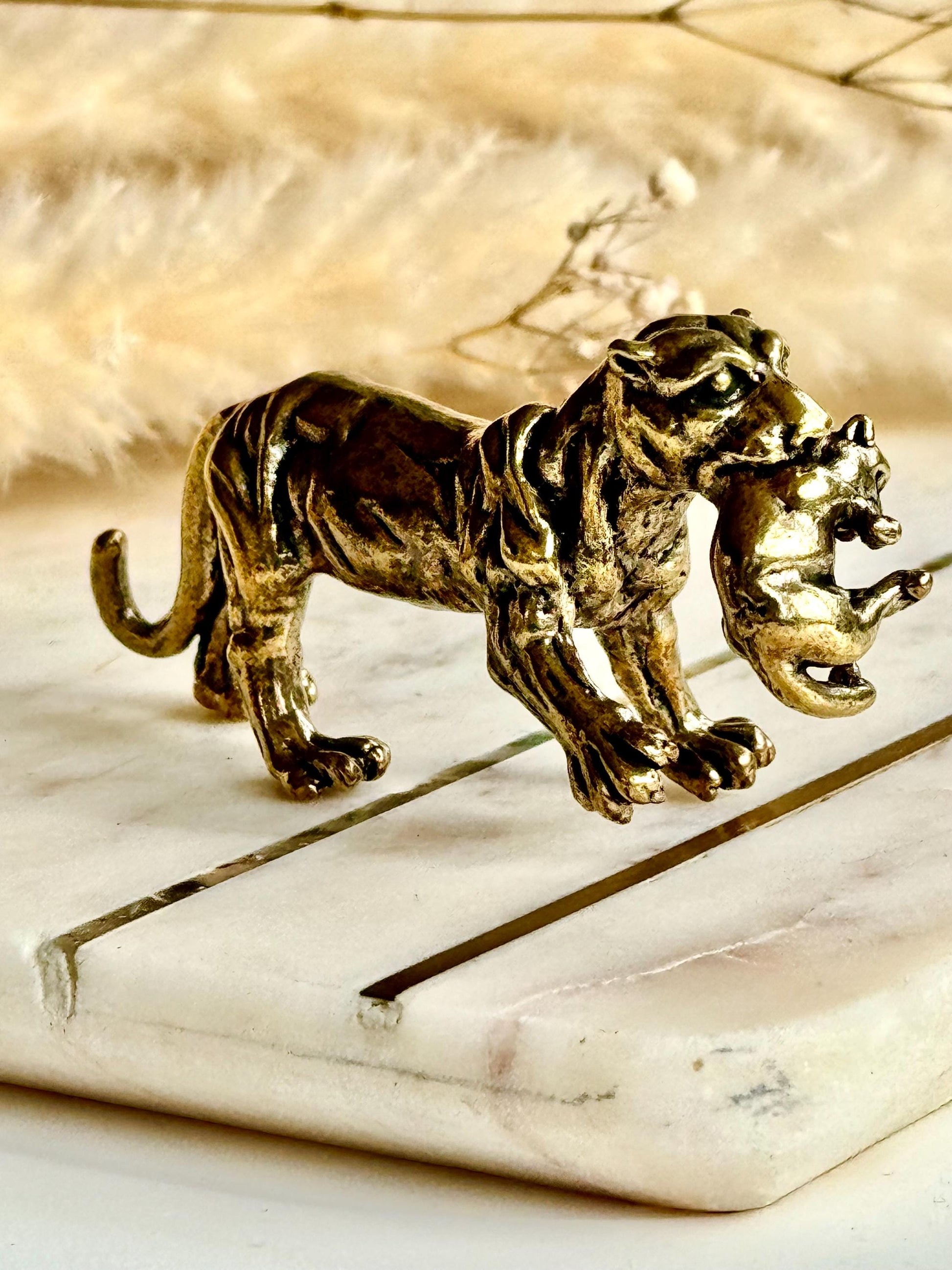 Solid Brass Panther Figurine Carrying a Cub Minimalist Jungle Cat Sculpture