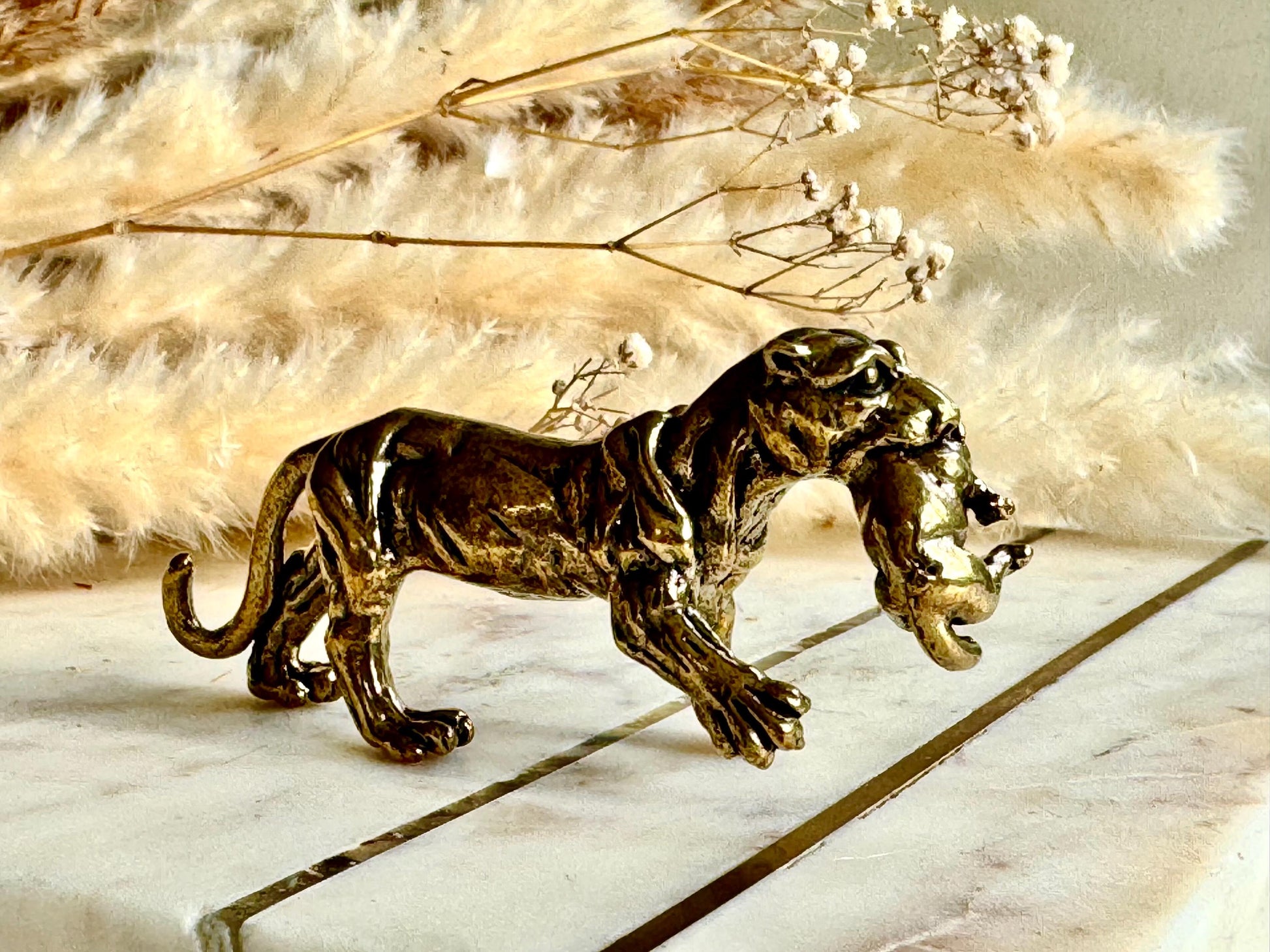 Solid Brass Panther Figurine Carrying a Cub Minimalist Jungle Cat Sculpture