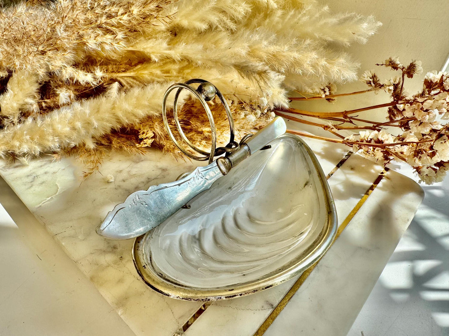 Antique English Silver Plated Fish Serving Set – Shell Shaped Dish with Frosted Glass Insert and Hallmarked Butter Knife with Mother-of-Pear