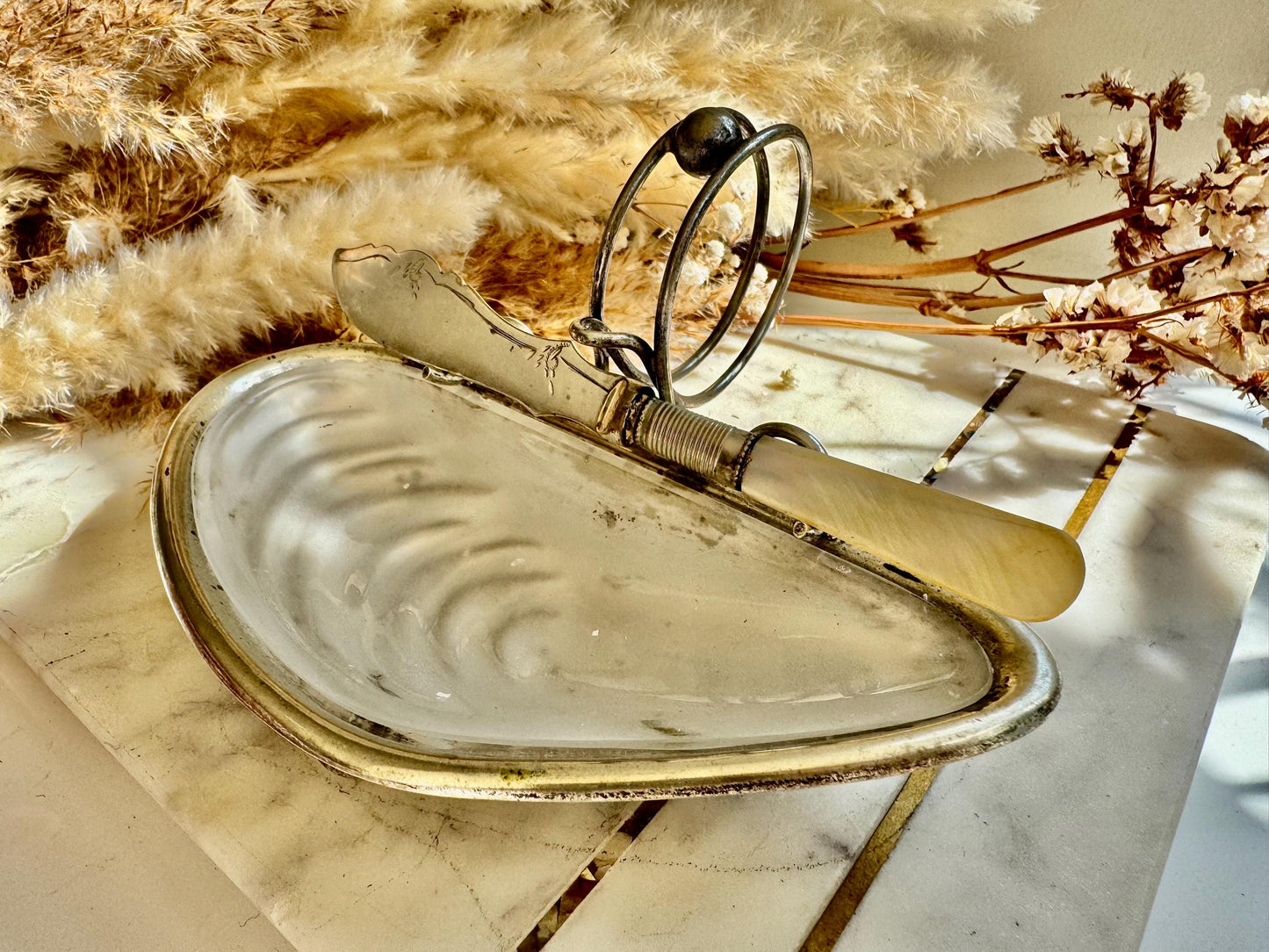 Antique English Silver Plated Fish Serving Set – Shell Shaped Dish with Frosted Glass Insert and Hallmarked Butter Knife with Mother-of-Pear