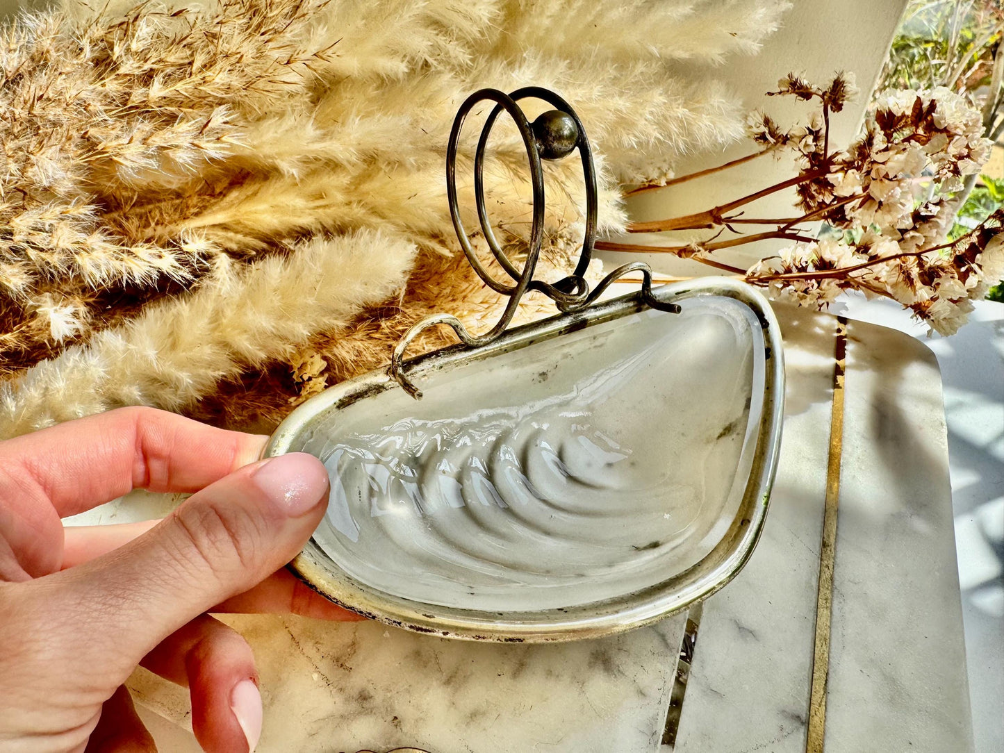 Antique English Silver Plated Fish Serving Set – Shell Shaped Dish with Frosted Glass Insert and Hallmarked Butter Knife with Mother-of-Pear