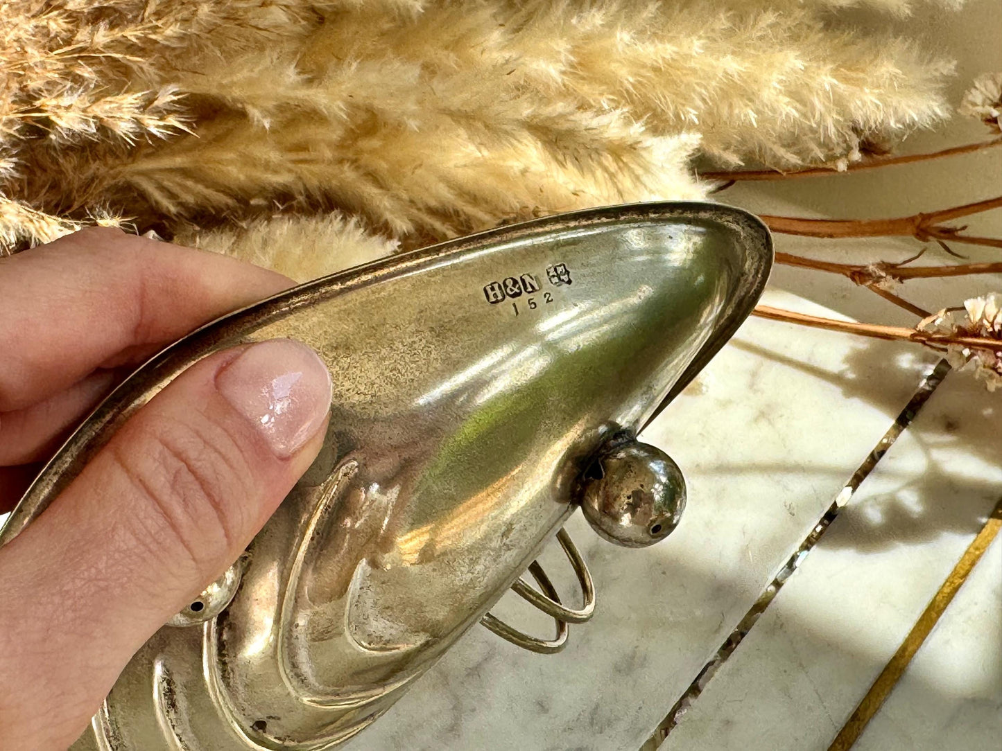Antique English Silver Plated Fish Serving Set – Shell Shaped Dish with Frosted Glass Insert and Hallmarked Butter Knife with Mother-of-Pear
