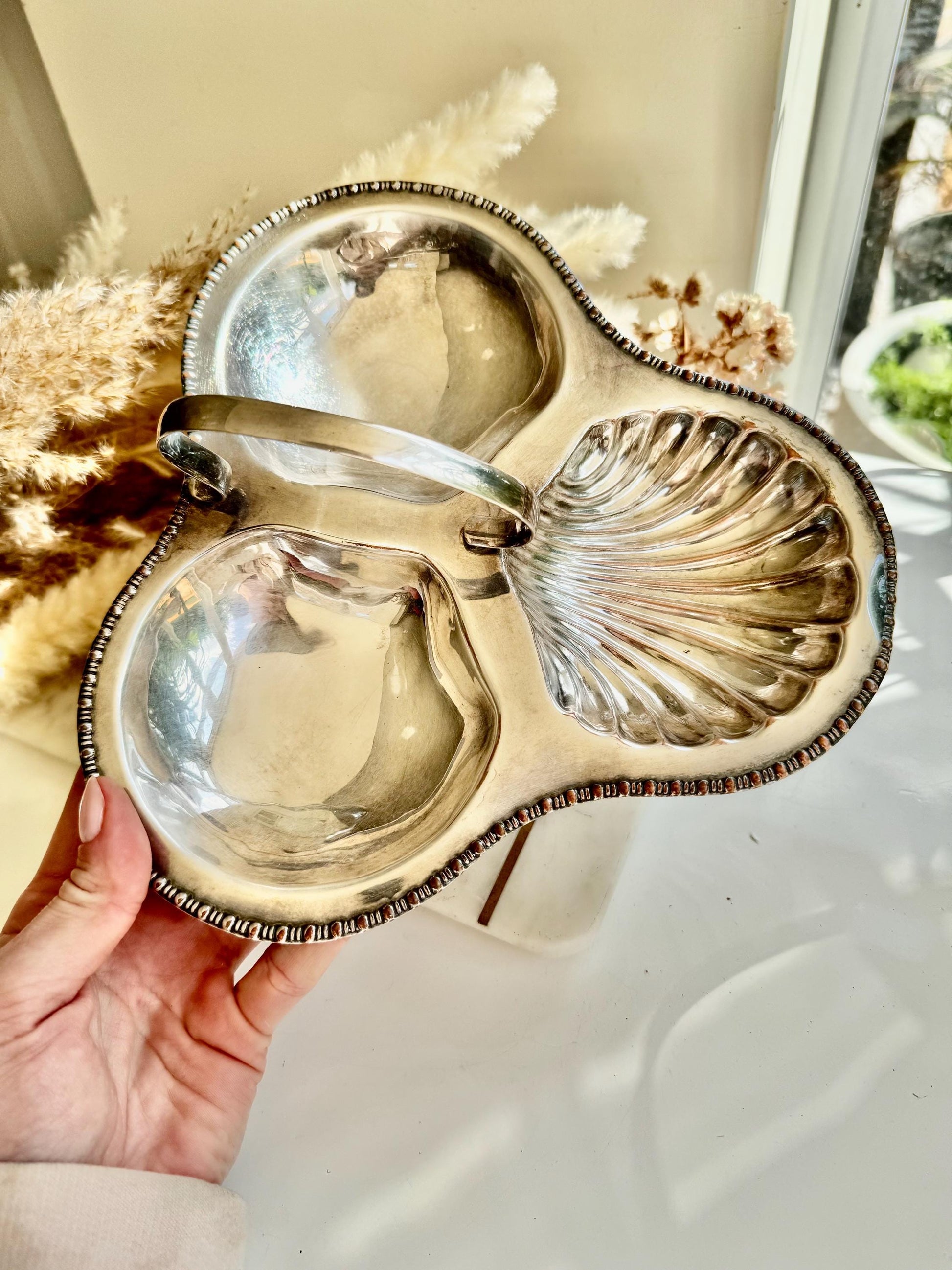 Vintage English Silver-Plated Shell Dish by Yeoman – Triple Section Serving Tray – Made in England – Ornate Coastal Design – Silver on Coppe
