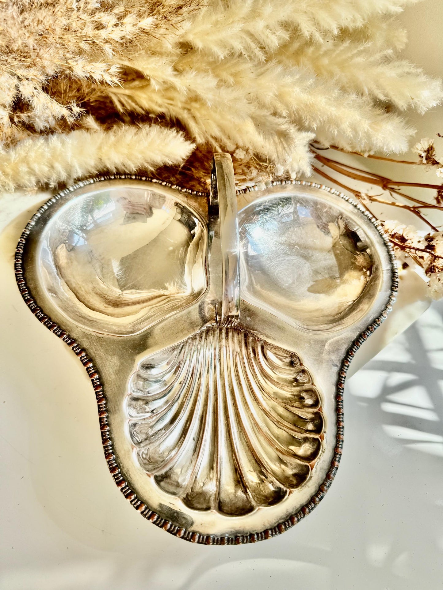 Vintage English Silver-Plated Shell Dish by Yeoman – Triple Section Serving Tray – Made in England – Ornate Coastal Design – Silver on Coppe