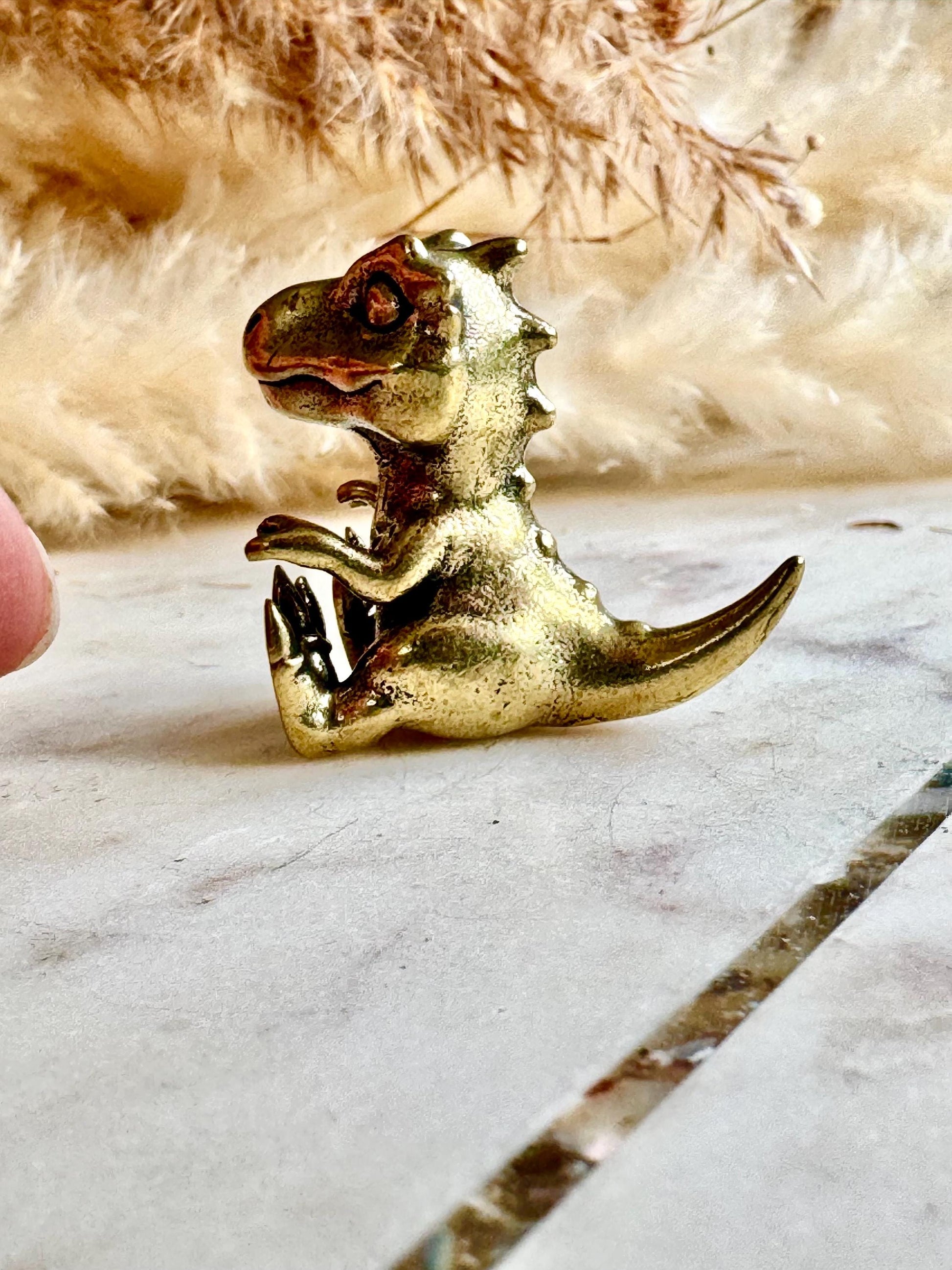 Solid Brass Baby Dinosaur Figurine – Miniature Prehistoric Animal Sculpture – Tiny Dino Totem – Brass Reptile