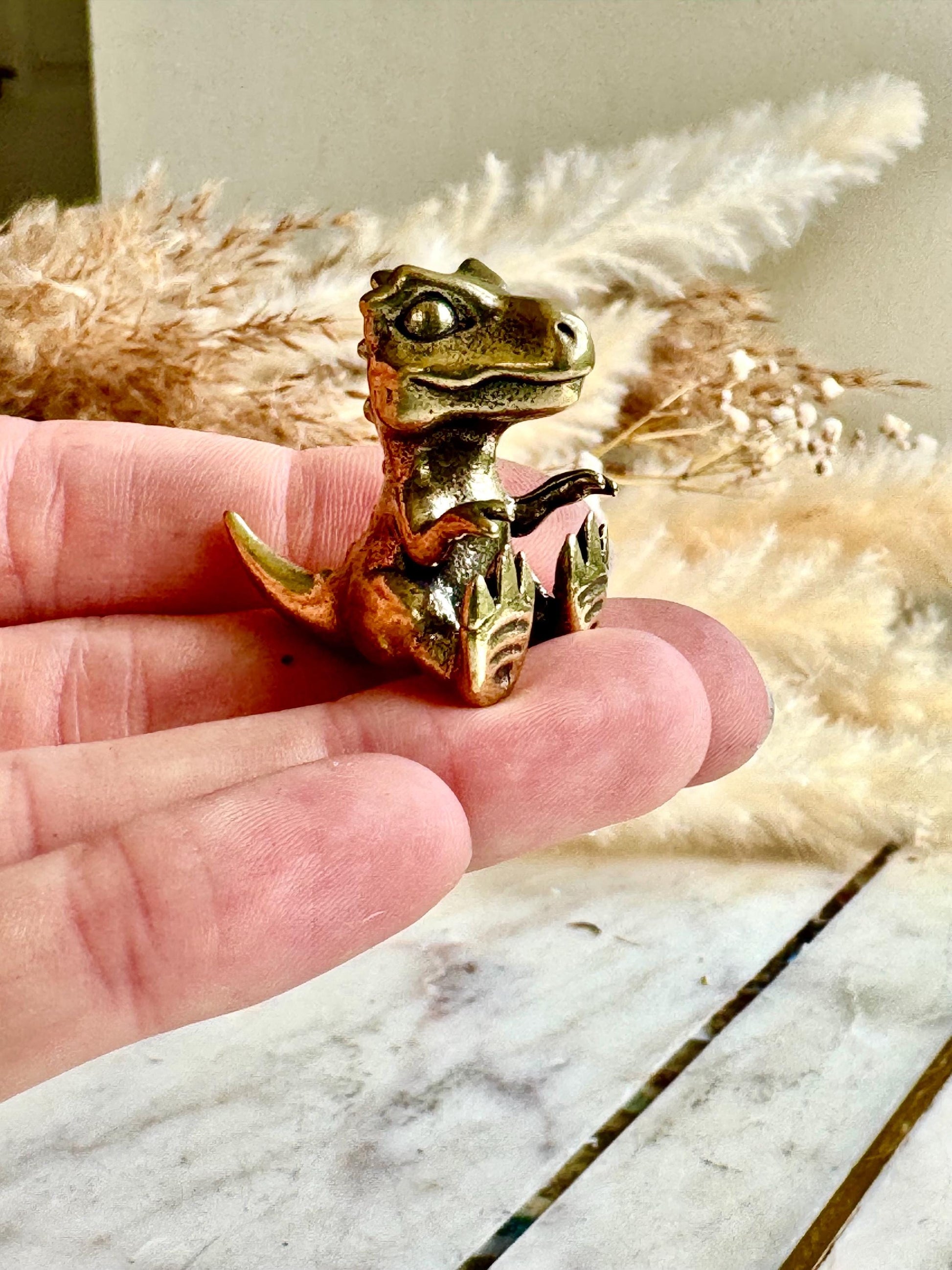 Solid Brass Baby Dinosaur Figurine – Miniature Prehistoric Animal Sculpture – Tiny Dino Totem – Brass Reptile