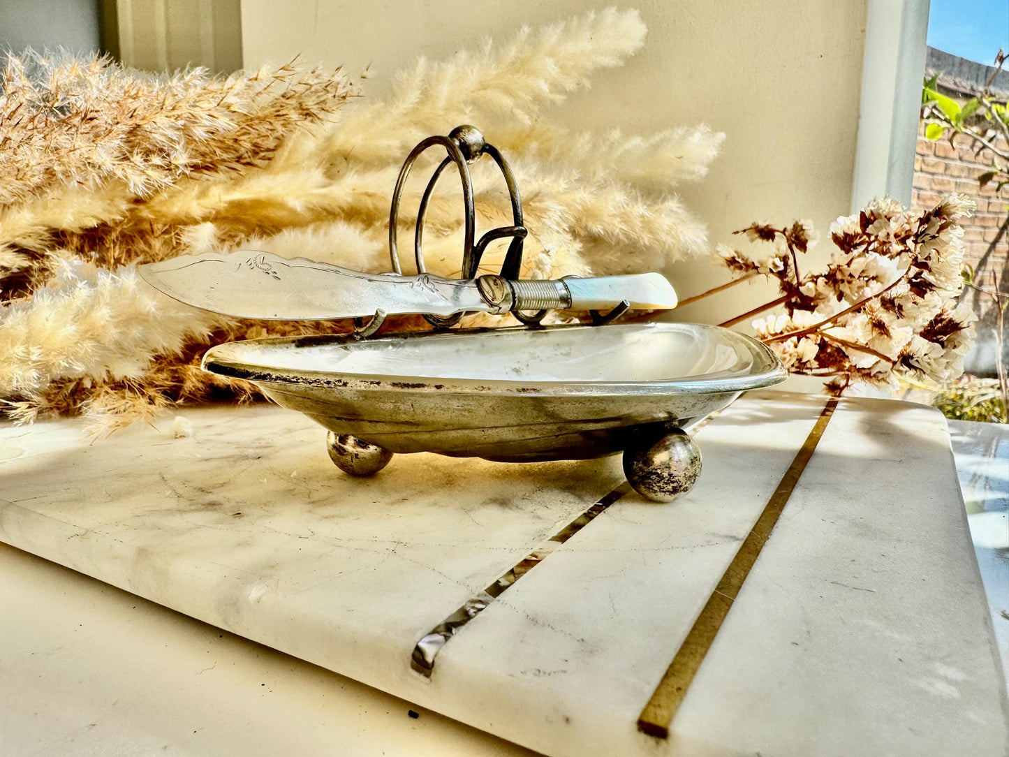 Antique English Silver Plated Fish Serving Set – Shell Shaped Dish with Frosted Glass Insert and Hallmarked Butter Knife with Mother-of-Pear