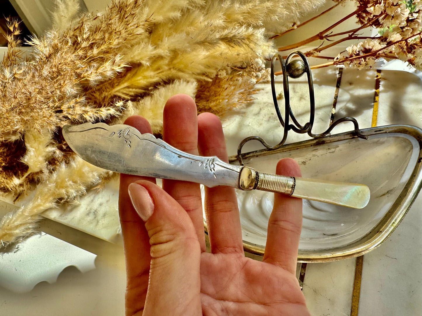 Antique English Silver Plated Fish Serving Set – Shell Shaped Dish with Frosted Glass Insert and Hallmarked Butter Knife with Mother-of-Pear