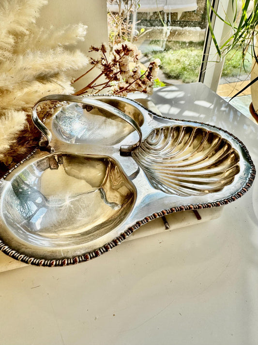 Vintage English Silver-Plated Shell Dish by Yeoman – Triple Section Serving Tray – Made in England – Ornate Coastal Design – Silver on Coppe