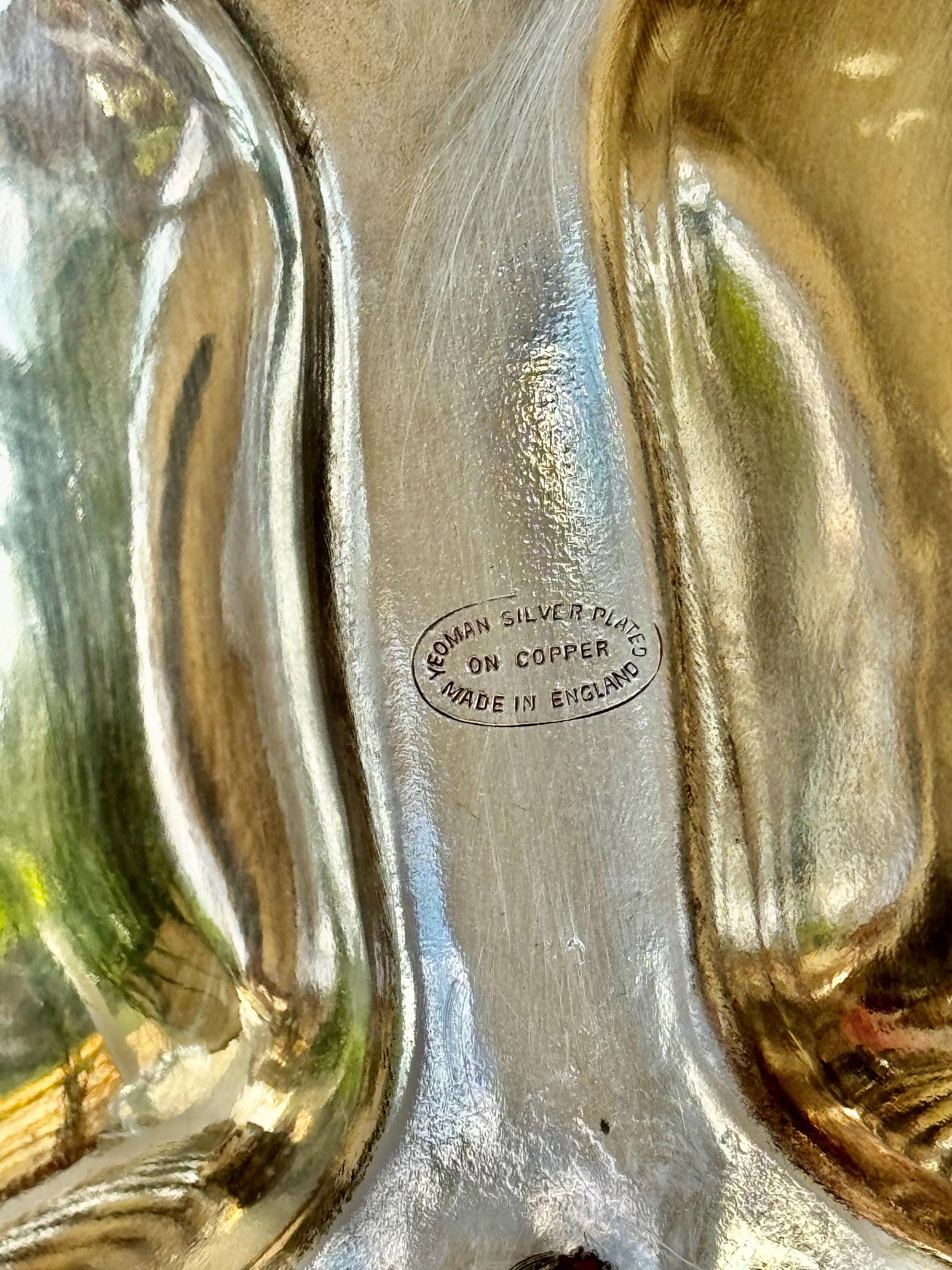Vintage English Silver-Plated Shell Dish by Yeoman – Triple Section Serving Tray – Made in England – Ornate Coastal Design – Silver on Coppe