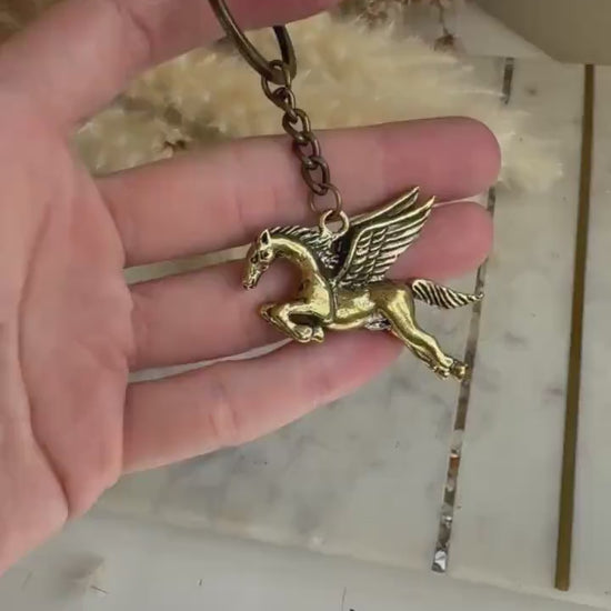 Solid Brass Horse Wings Pegasus Key Ring - Metal Lucky Charm Pendant | Mythical Horse Gift, Equestrian Accessory, Golden Pegasus Jewelry
