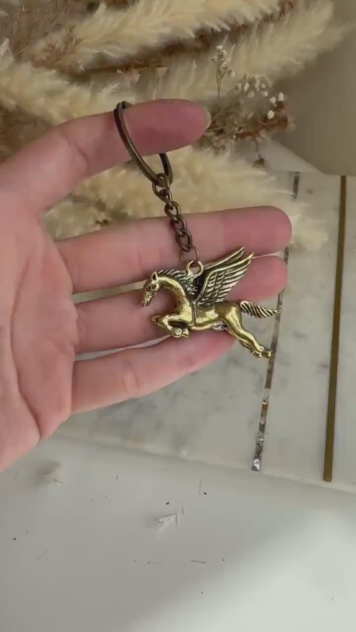 Solid Brass Horse Wings Pegasus Key Ring - Metal Lucky Charm Pendant | Mythical Horse Gift, Equestrian Accessory, Golden Pegasus Jewelry