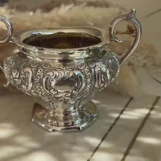 Victorian Ornate Twin-Handled Silver Sugar Bowl by James R. & Sons, Sheffield