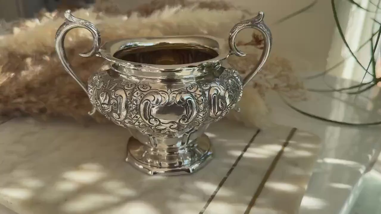 Victorian Ornate Twin-Handled Silver Sugar Bowl by James R. & Sons, Sheffield