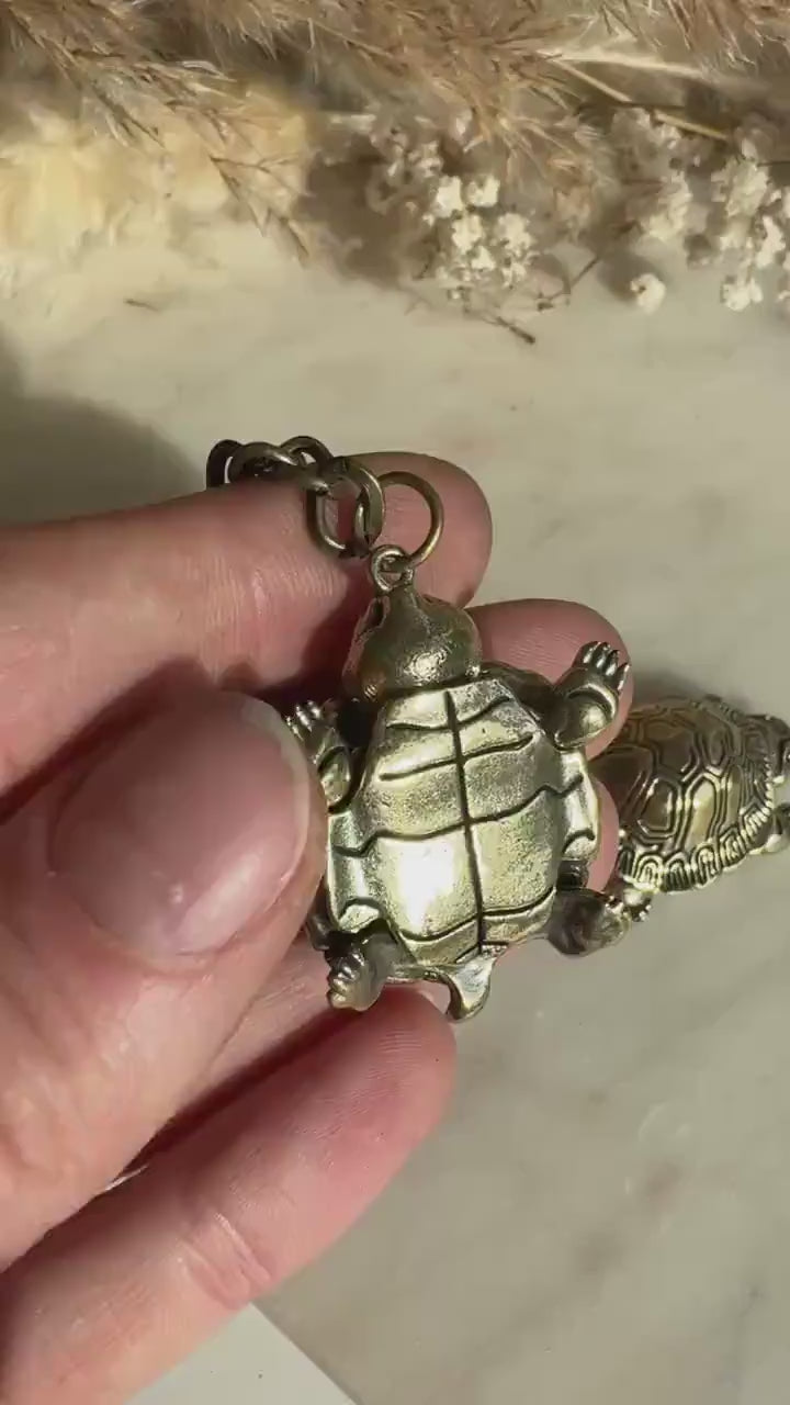 Unique Style Solid Brass Cute Turtle Charm or Keyring with Movable Head and Legs – Realistic Miniature Tortoise Figurine