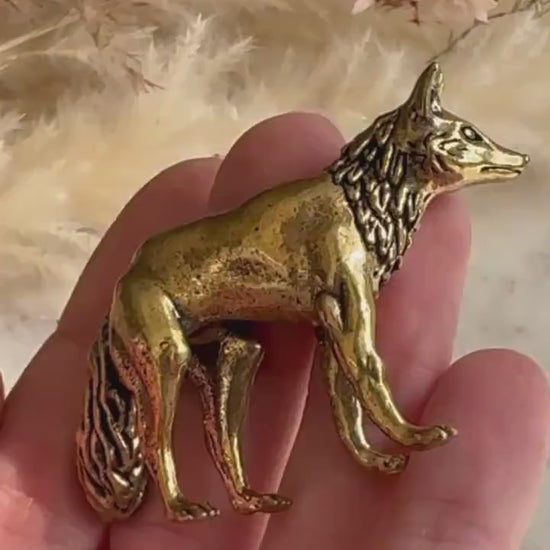 Fine statuette of grey fox, solid brass fox figurine, wild life desktop decoration, brush stand, creative little fox gift
