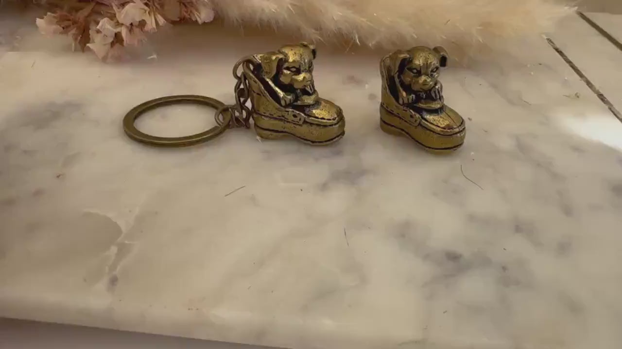 Adorable solid brass puppy in a boot statuette, little metal puppy keyring, cute little doggie keychain, thoughtful gift dog lover