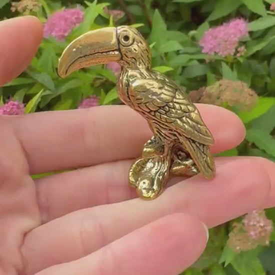 Solid Brass Toucan Statuette, Small tropical bird ornament, Cute toucan figurine