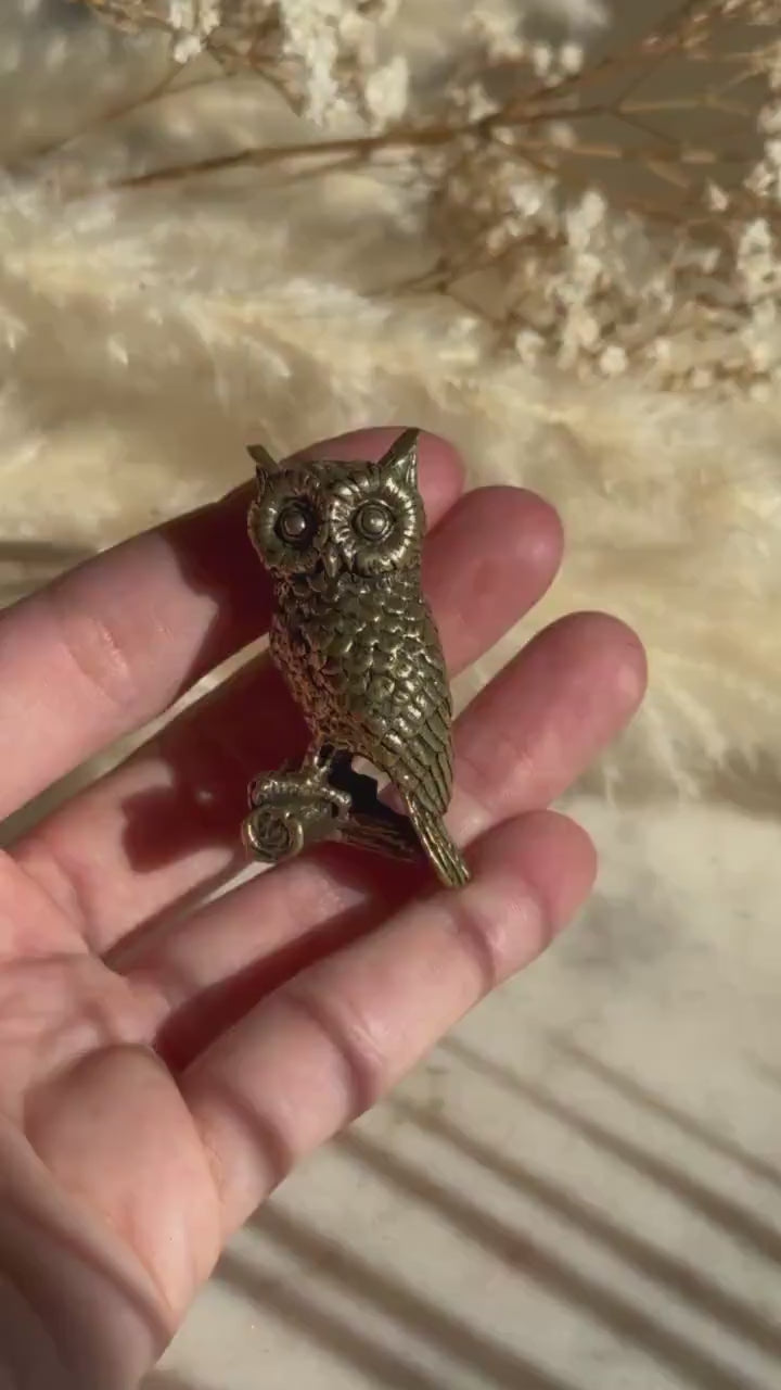 Wise eagle-owl figurine, Metal Owl ornament, fine lifelike solid brass figurine, desktop decoration, winter bird statuette, Christmas gift
