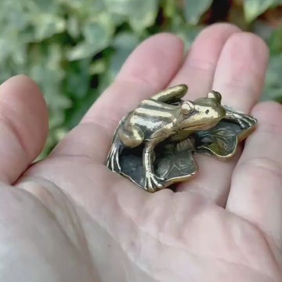 Big Lifelike Solid Brass Frog on a leaf figurine, Realistic Frog Statue, Small Paperweight, Cute collectible figurine, Desk Accessory