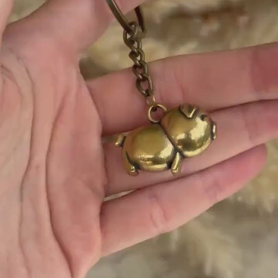 Happy little piglet fine workmanship solid brass keyring, brass pig charm, cute little piggy sculpture