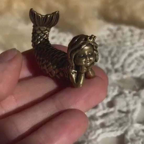 Dreaming Mermaid Solid brass Figurine, Fairy Garden Miniature Lovely Little Mermaid Figurine Desktop or Shelf Decor